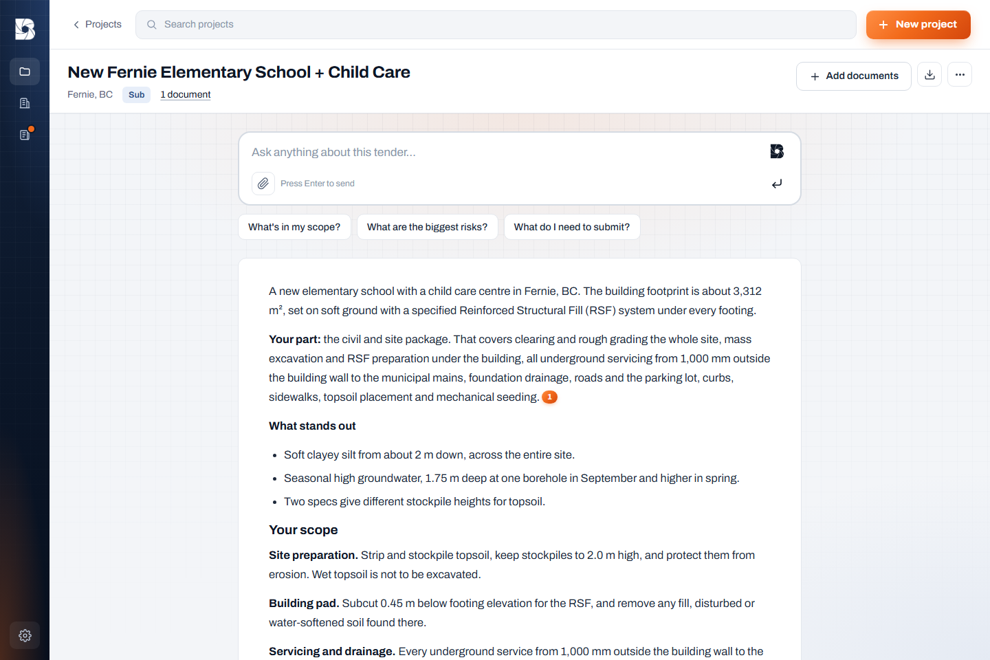A BidSnap project page: ask anything about the tender at the top, the review below with its source links